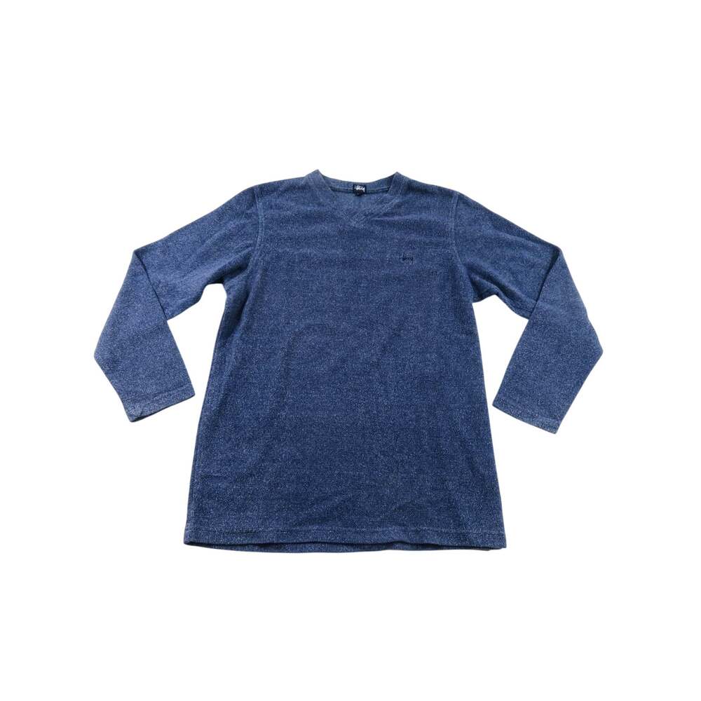 Stussy Long Sleeve Thick Shirt Made in USA Blue V-neck Sz L-XL